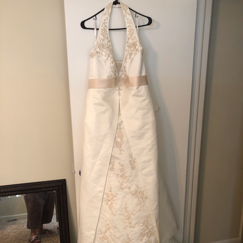 David's Bridal Ivory Halter Gown With Champagne Sash